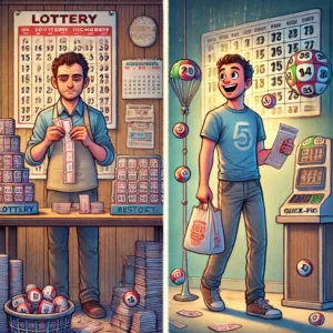 Dall·e 2024 09 10 15.41.58 A Depiction Of Two Lottery Scenes. The First Image Shows A Regular Lottery Player Standing With A Handful Of Tickets, Confidently Waiting For Results