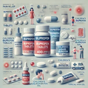 Dall·e 2024 09 14 18.55.00 An Informative Image Showing Different Types Of Ibuprofen. The Image Includes Various Forms Such As Ibuprofen Tablets, Capsules, A Bottle Of Liquid Ib