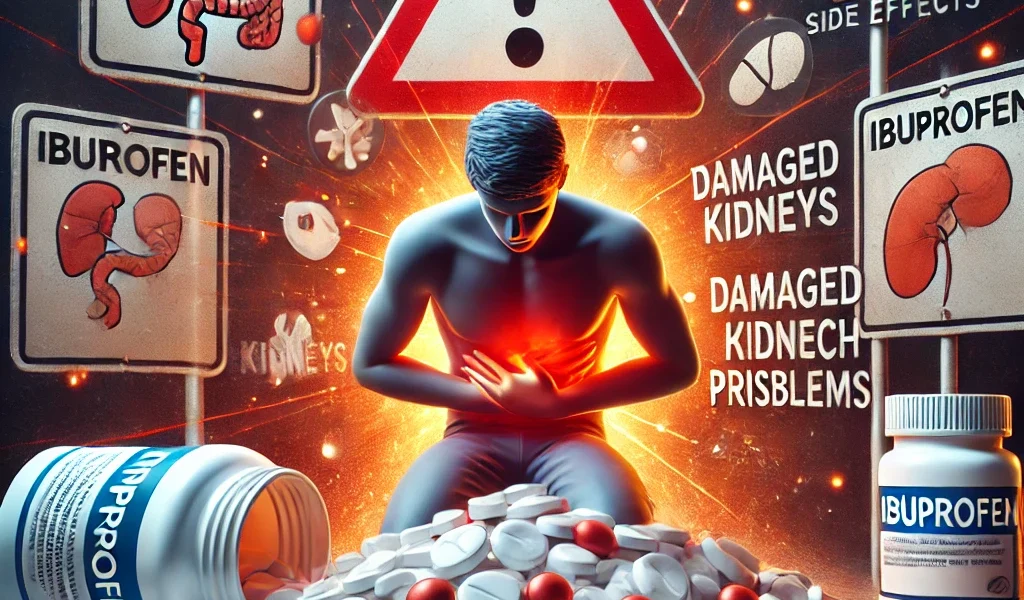 Dall·e 2024 09 14 18.56.03 A Cautionary Image Showing The Dangers Of Excessive Ibuprofen Use. The Image Features A Person Surrounded By A Pile Of Ibuprofen Tablets, Holding Thei