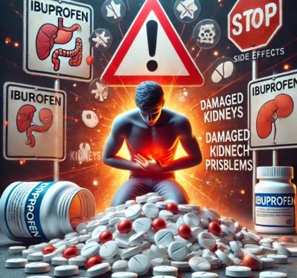 Dall·e 2024 09 14 18.56.03 A Cautionary Image Showing The Dangers Of Excessive Ibuprofen Use. The Image Features A Person Surrounded By A Pile Of Ibuprofen Tablets, Holding Thei