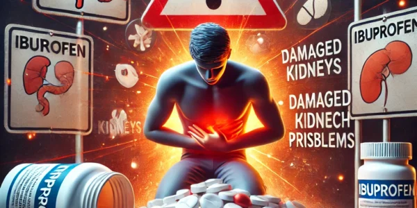 Dall·e 2024 09 14 18.56.03 A Cautionary Image Showing The Dangers Of Excessive Ibuprofen Use. The Image Features A Person Surrounded By A Pile Of Ibuprofen Tablets, Holding Thei