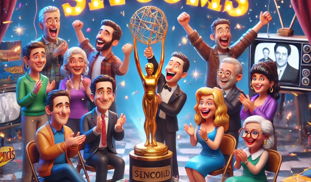 Dall·e 2024 09 14 19.28.23 A Fun And Celebratory Image Themed 'winning Sitcoms'. The Scene Features Iconic Sitcom Characters On A Stage, As If They Have Just Won An Award. Brigh