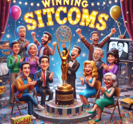 Dall·e 2024 09 14 19.28.23 A Fun And Celebratory Image Themed 'winning Sitcoms'. The Scene Features Iconic Sitcom Characters On A Stage, As If They Have Just Won An Award. Brigh