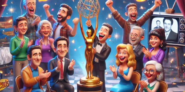 Dall·e 2024 09 14 19.28.23 A Fun And Celebratory Image Themed 'winning Sitcoms'. The Scene Features Iconic Sitcom Characters On A Stage, As If They Have Just Won An Award. Brigh