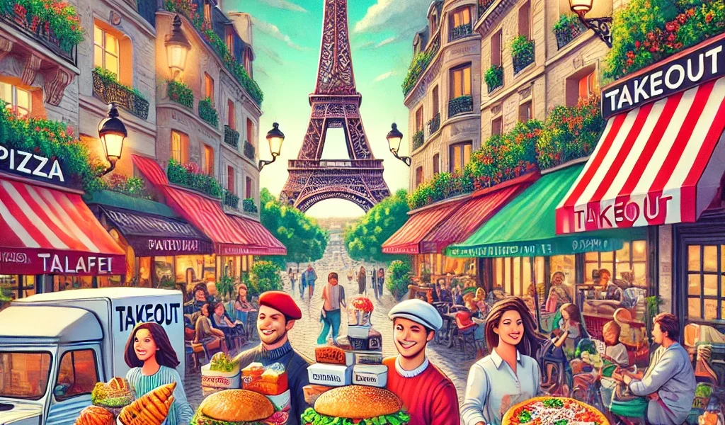 Dall·e 2024 09 14 19.36.59 A Vibrant And Lively Image Depicting 'the 15 Best Places For Takeout In Paris'. The Scene Shows Iconic Parisian Landmarks Like The Eiffel Tower In The