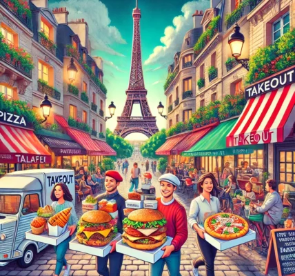 Dall·e 2024 09 14 19.36.59 A Vibrant And Lively Image Depicting 'the 15 Best Places For Takeout In Paris'. The Scene Shows Iconic Parisian Landmarks Like The Eiffel Tower In The