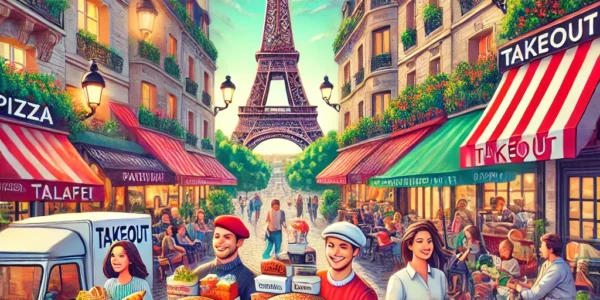 Dall·e 2024 09 14 19.36.59 A Vibrant And Lively Image Depicting 'the 15 Best Places For Takeout In Paris'. The Scene Shows Iconic Parisian Landmarks Like The Eiffel Tower In The