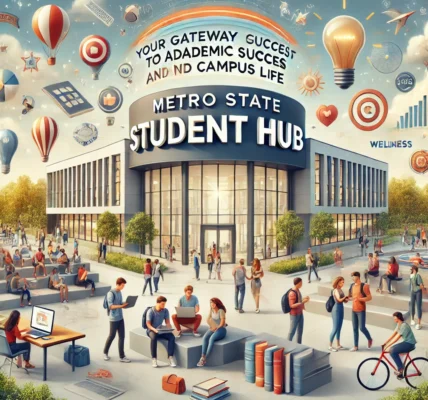 Dall·e 2024 09 14 21.18.44 An Inspiring Image Representing The 'metro State Student Hub Your Gateway To Academic Success And Campus Life'. The Scene Shows A Vibrant Campus Sett