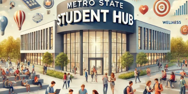 Dall·e 2024 09 14 21.18.44 An Inspiring Image Representing The 'metro State Student Hub Your Gateway To Academic Success And Campus Life'. The Scene Shows A Vibrant Campus Sett