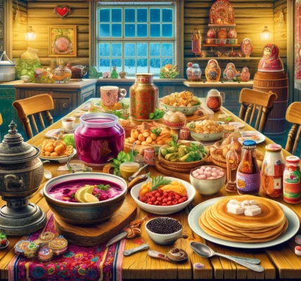 Dall·e 2024 09 14 21.33.11 A Vibrant And Detailed Scene Depicting A Traditional Russian Dining Experience. A Rustic Wooden Table Is Adorned With Various Iconic Russian Dishes Su