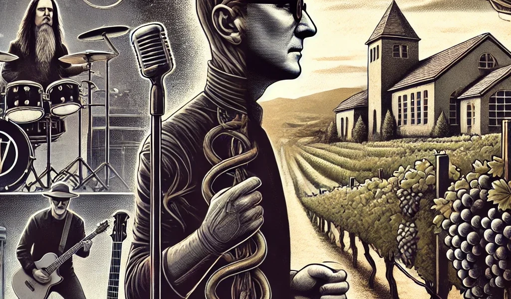 Dall·e 2024 09 14 21.57.09 A Detailed Illustration Depicting Maynard James Keenan's Journey From A Rock Musician To A Winemaker. On One Side, Show Keenan On Stage With His Band