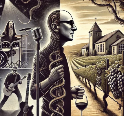 Dall·e 2024 09 14 21.57.09 A Detailed Illustration Depicting Maynard James Keenan's Journey From A Rock Musician To A Winemaker. On One Side, Show Keenan On Stage With His Band