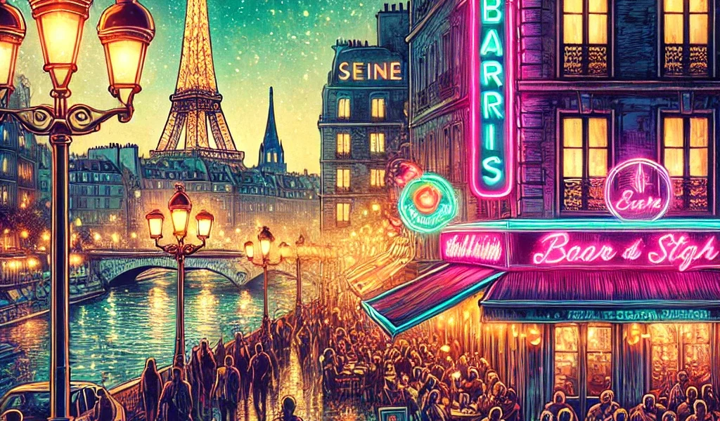 Dall·e 2024 09 14 22.16.04 A Vibrant And Atmospheric Illustration Capturing The Essence Of Nightlife In Paris. The Scene Shows The City Illuminated By Glowing Streetlights And N