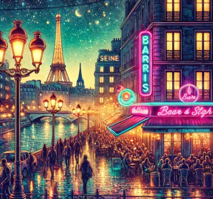 Dall·e 2024 09 14 22.16.04 A Vibrant And Atmospheric Illustration Capturing The Essence Of Nightlife In Paris. The Scene Shows The City Illuminated By Glowing Streetlights And N