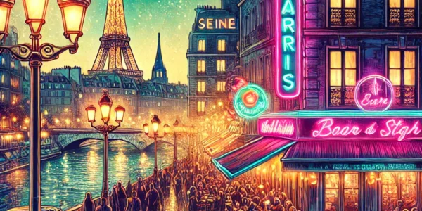 Dall·e 2024 09 14 22.16.04 A Vibrant And Atmospheric Illustration Capturing The Essence Of Nightlife In Paris. The Scene Shows The City Illuminated By Glowing Streetlights And N