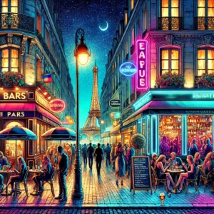 Dall·e 2024 09 14 22.16.07 A Vibrant And Detailed Scene Depicting The Nightlife In Paris. The Image Shows A Bustling Parisian Street At Night, Illuminated By Streetlights And Ne