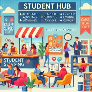 Dall·e 2024 09 14 22.24.35 A Vibrant And Welcoming Illustration Of A Student Hub At A University. The Scene Depicts Students Engaging With Various Resources And Support Services