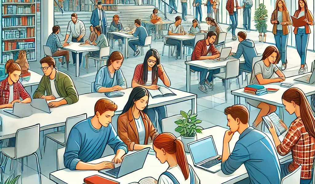 Dall·e 2024 09 14 22.24.39 An Illustration Of Students Studying Together In A Modern University Setting. The Scene Features Students Sitting At A Large Table, Working On Laptops