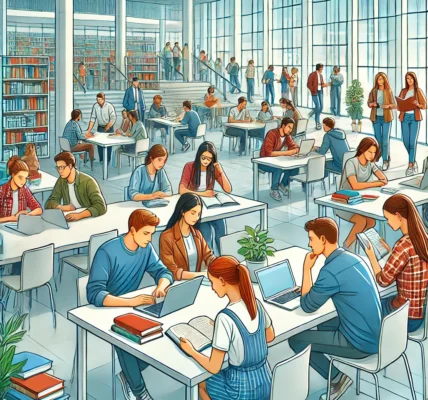 Dall·e 2024 09 14 22.24.39 An Illustration Of Students Studying Together In A Modern University Setting. The Scene Features Students Sitting At A Large Table, Working On Laptops