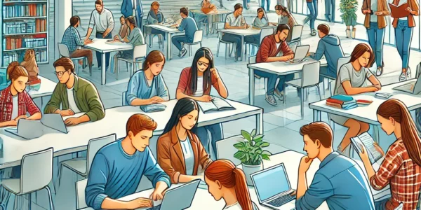 Dall·e 2024 09 14 22.24.39 An Illustration Of Students Studying Together In A Modern University Setting. The Scene Features Students Sitting At A Large Table, Working On Laptops