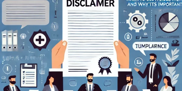 Dall·e 2024 09 14 22.50.07 A Professional And Informative Illustration On The Topic 'when To Use A Disclaimer In Business And Why It’s Important'. The Scene Features A Business