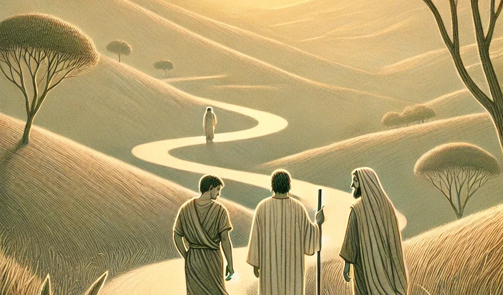 Dall·e 2024 09 14 22.53.33 A Serene And Symbolic Illustration Depicting The Biblical Scene 'walking With Christ Do You Know The Way To Emmaus '. The Image Shows Two Disciples W