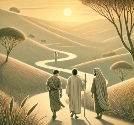 Dall·e 2024 09 14 22.53.33 A Serene And Symbolic Illustration Depicting The Biblical Scene 'walking With Christ Do You Know The Way To Emmaus '. The Image Shows Two Disciples W