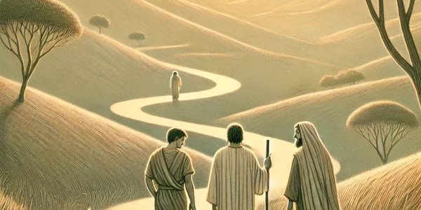 Dall·e 2024 09 14 22.53.33 A Serene And Symbolic Illustration Depicting The Biblical Scene 'walking With Christ Do You Know The Way To Emmaus '. The Image Shows Two Disciples W