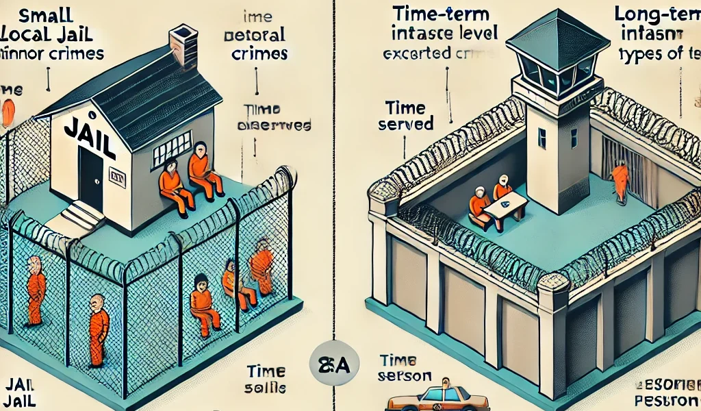 Dall·e 2024 09 14 22.58.02 An Informative Illustration Comparing Jail And Prison. On One Side, Depict A Small Local Jail With Individuals Being Held For Minor Crimes, Shown Behi