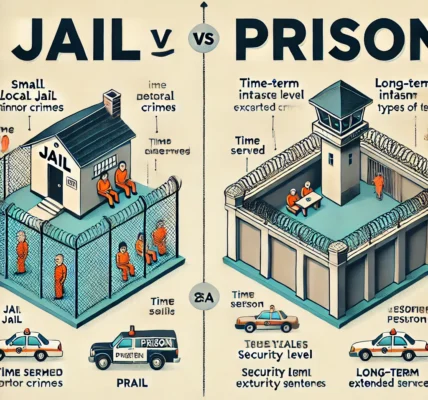 Dall·e 2024 09 14 22.58.02 An Informative Illustration Comparing Jail And Prison. On One Side, Depict A Small Local Jail With Individuals Being Held For Minor Crimes, Shown Behi