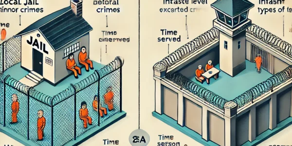 Dall·e 2024 09 14 22.58.02 An Informative Illustration Comparing Jail And Prison. On One Side, Depict A Small Local Jail With Individuals Being Held For Minor Crimes, Shown Behi