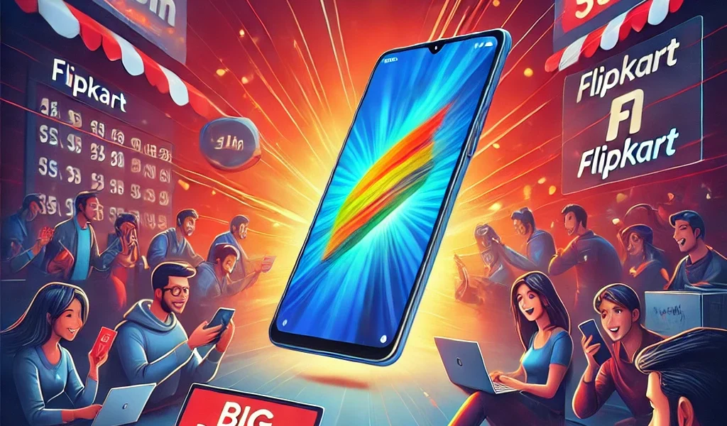 Dall·e 2024 09 14 23.05.08 A Dynamic Illustration Showing The First Big Billion Day Event, With An Iconic Smartphone (like Xiaomi Redmi 1s) Being Launched Exclusively Online On