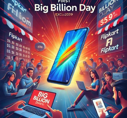 Dall·e 2024 09 14 23.05.08 A Dynamic Illustration Showing The First Big Billion Day Event, With An Iconic Smartphone (like Xiaomi Redmi 1s) Being Launched Exclusively Online On