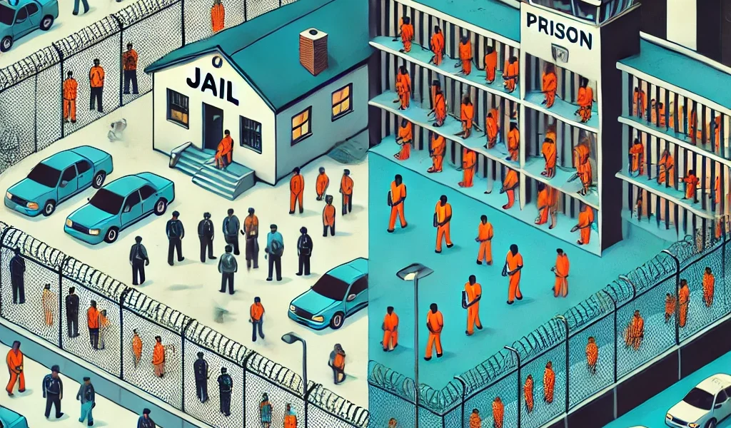 Dall·e 2024 09 14 23.11.08 An Illustration Contrasting Jail And Prison From A Legal Perspective. On One Side, A Local Jail With People Awaiting Trial Or Serving Short Sentences