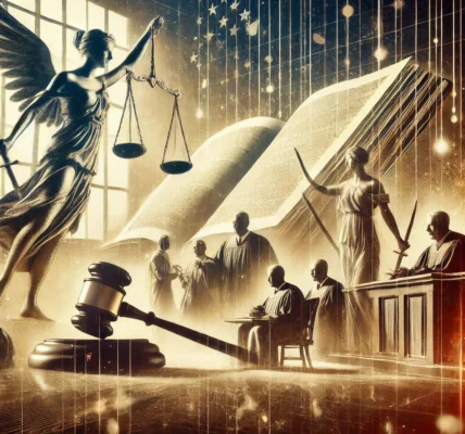 Dall·e 2024 09 14 23.20.49 An Artistic Representation Of A Historic Legal Ruling Scene. A Judge Is Seen Delivering A Decision In A Courtroom, With A Large Law Book Or Legal Docu