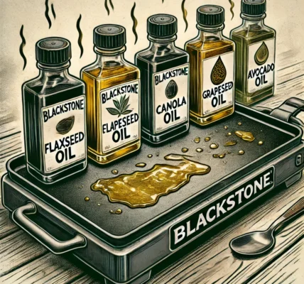 Dall·e 2024 09 15 20.35.29 An Illustration Depicting A Blackstone Griddle Being Seasoned With Different Types Of Oil. The Image Should Show A Griddle With A Slight Sheen Of Oil,