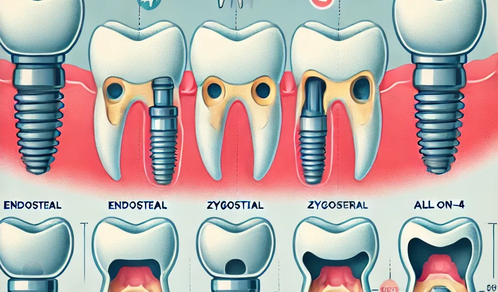 Dall·e 2024 09 15 20.38.46 An Illustration Showing The Four Types Of Dental Implants Endosteal, Subperiosteal, Zygomatic, And All On 4. The Image Should Display A Comparison Of