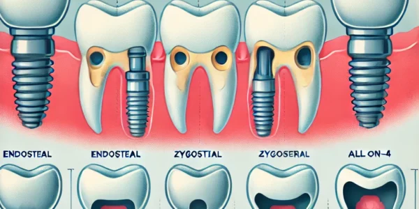 Dall·e 2024 09 15 20.38.46 An Illustration Showing The Four Types Of Dental Implants Endosteal, Subperiosteal, Zygomatic, And All On 4. The Image Should Display A Comparison Of