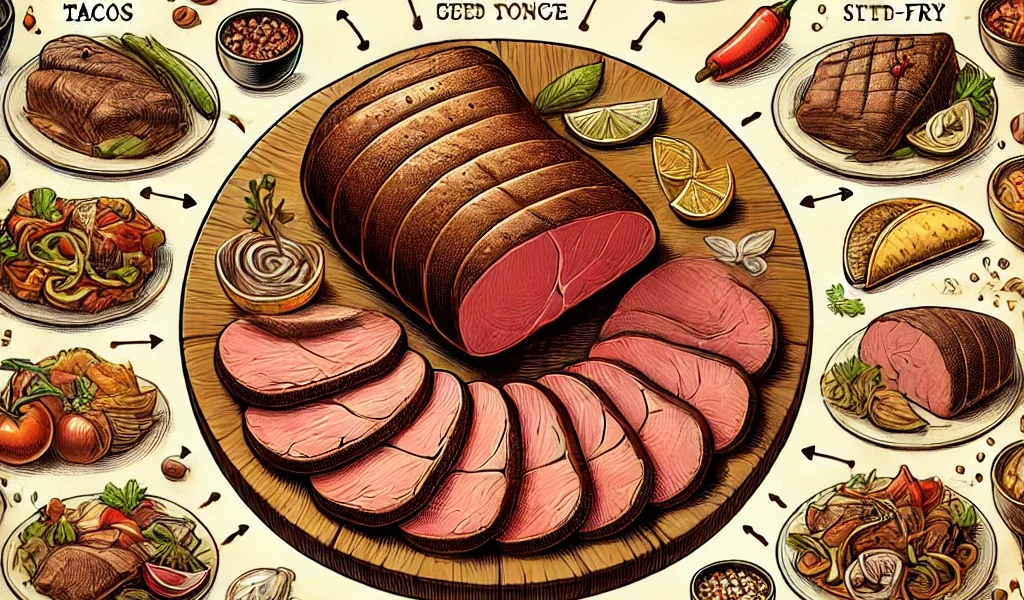 Dall·e 2024 09 15 20.45.38 An Illustration Showing The Theme 'beef Tongue Recipes How To Cook Cow Tongue 11 Ways'. The Image Should Display A Large, Detailed Cooked Beef Tongue