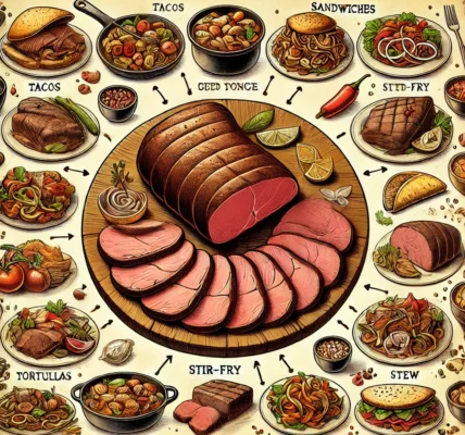 Dall·e 2024 09 15 20.45.38 An Illustration Showing The Theme 'beef Tongue Recipes How To Cook Cow Tongue 11 Ways'. The Image Should Display A Large, Detailed Cooked Beef Tongue