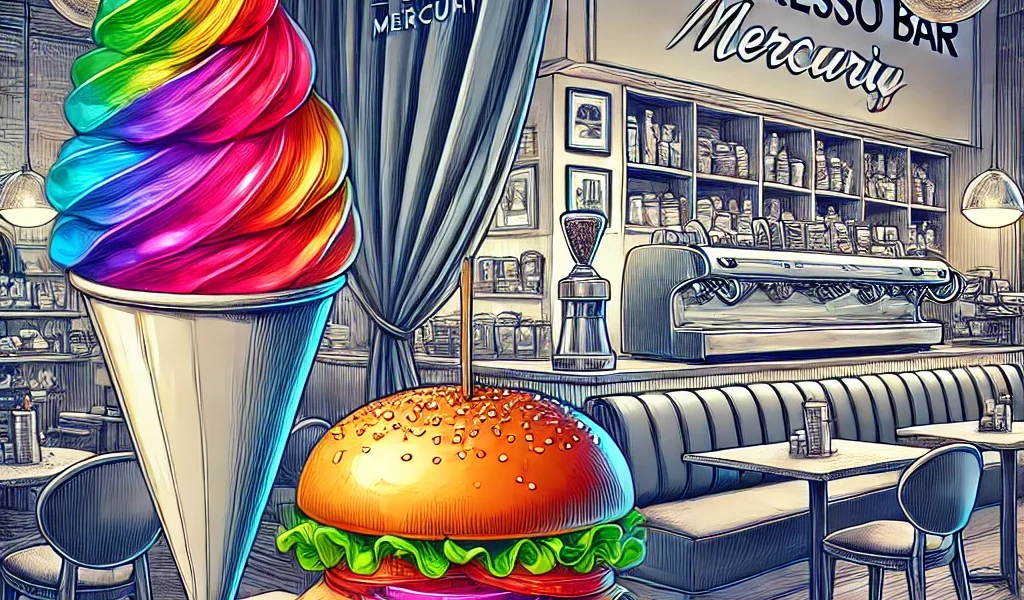 Dall·e 2024 09 15 20.48.30 An Illustration Representing The Theme 'what Does Burger And Snow Cone Mean L'espresso Bar Mercurio'. The Image Should Feature A Gourmet Burger And