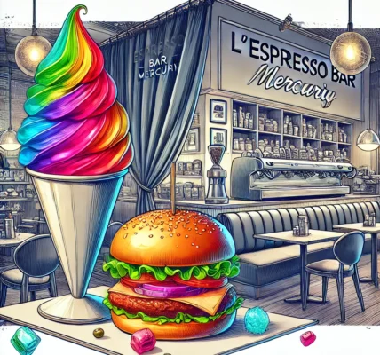 Dall·e 2024 09 15 20.48.30 An Illustration Representing The Theme 'what Does Burger And Snow Cone Mean L'espresso Bar Mercurio'. The Image Should Feature A Gourmet Burger And