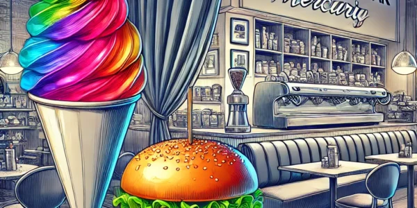 Dall·e 2024 09 15 20.48.30 An Illustration Representing The Theme 'what Does Burger And Snow Cone Mean L'espresso Bar Mercurio'. The Image Should Feature A Gourmet Burger And