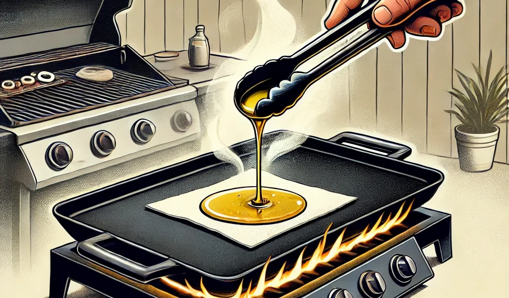 Dall·e 2024 09 15 20.53.44 An Illustration Showing The Process Of How To Season A Blackstone Griddle. The Image Should Depict A Blackstone Griddle Being Heated With Oil Spread A