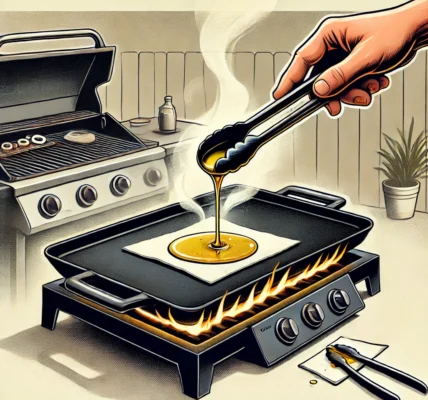 Dall·e 2024 09 15 20.53.44 An Illustration Showing The Process Of How To Season A Blackstone Griddle. The Image Should Depict A Blackstone Griddle Being Heated With Oil Spread A