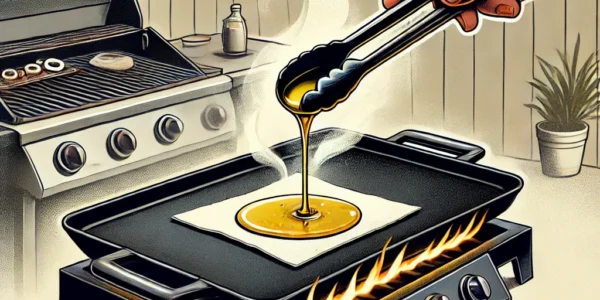 Dall·e 2024 09 15 20.53.44 An Illustration Showing The Process Of How To Season A Blackstone Griddle. The Image Should Depict A Blackstone Griddle Being Heated With Oil Spread A