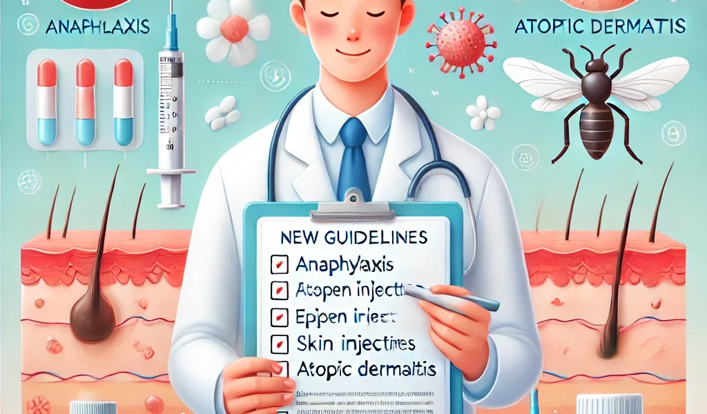 Dall·e 2024 09 15 21.00.36 A Medical Themed Illustration Showing The Concept Of New Guidelines For Anaphylaxis And Atopic Dermatitis. The Scene Includes A Doctor Or Medical Prof