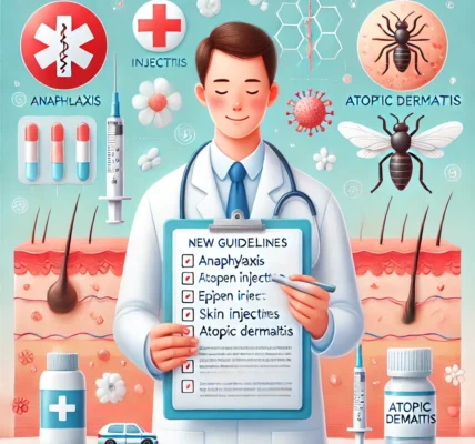 Dall·e 2024 09 15 21.00.36 A Medical Themed Illustration Showing The Concept Of New Guidelines For Anaphylaxis And Atopic Dermatitis. The Scene Includes A Doctor Or Medical Prof