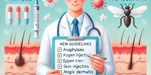 Dall·e 2024 09 15 21.00.36 A Medical Themed Illustration Showing The Concept Of New Guidelines For Anaphylaxis And Atopic Dermatitis. The Scene Includes A Doctor Or Medical Prof