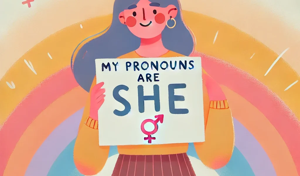 Dall·e 2024 09 15 21.08.57 An Inclusive And Warm Illustration On The Theme 'my Pronouns Are She'. The Image Features A Figure Proudly Holding A Sign That Says 'she' With A Welco